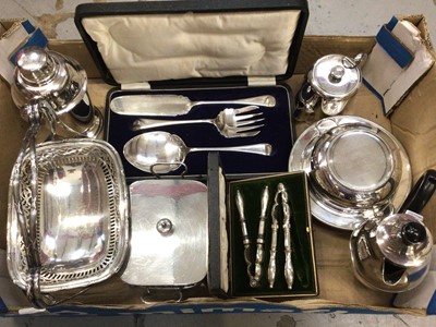 Lot 347 - Group of silver plated ware including a cake basket, coffee pot, cocktail shaker, boxed flatware etc