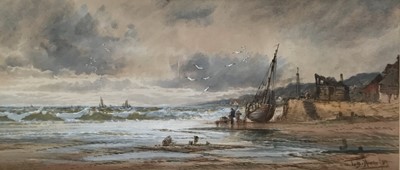 Lot 145 - After Thomas Bush Hardy (1842-1897) a pair of watercolours - Coastal seascapes with fishing boats, 22cm x 53cm, in glazed gilt frames