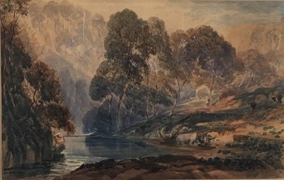 Lot 134 - Attributed to Peter de Wint (1784-1849) watercolour - wooded river landscape with cattle and figure, 22cm x 35cm, in glazed gilt frame