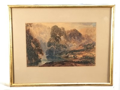 Lot 134 - Attributed to Peter de Wint (1784-1849) watercolour - wooded river landscape with cattle and figure, 22cm x 35cm, in glazed gilt frame