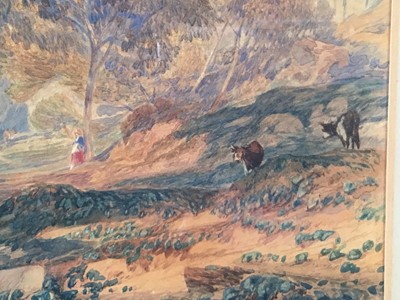 Lot 134 - Attributed to Peter de Wint (1784-1849) watercolour - wooded river landscape with cattle and figure, 22cm x 35cm, in glazed gilt frame