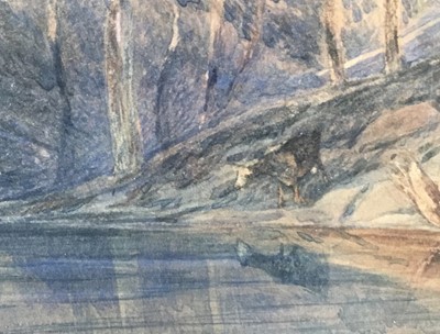 Lot 134 - Attributed to Peter de Wint (1784-1849) watercolour - wooded river landscape with cattle and figure, 22cm x 35cm, in glazed gilt frame