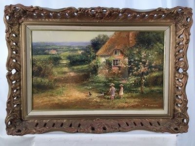 Lot 135 - Paul Attfield (b.1950) oil on board - Two little girls outside a cottage, signed, 30cm x 50cm, in ornate frame