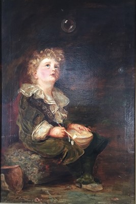 Lot 143 - 19th/20th Century English School oil on canvas - Child with bubbles and clay pipe, 75cm x 50cm, framed