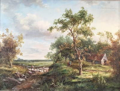 Lot 144 - English School oil on canvas - Shepherd driving sheep by a cottage, signed indistinctly, 45cm x 60cm, framed