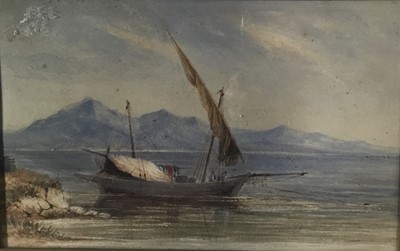 Lot 139 - 19th Century Italian School watercolour - Italian lake view with fishing vessel, 18cm x 28cm, in glazed frame