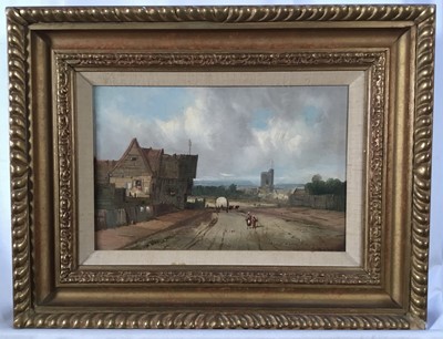 Lot 138 - Attributed to Charles Vickers (1821-1895) oil on canvas - outskirts of a rural town with church beyond, bearing signature, 19cm x 29cm, in gilt frame