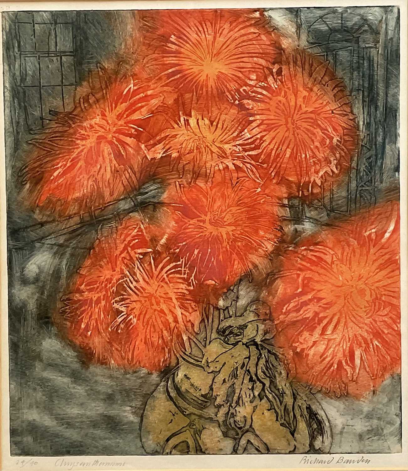 Lot 1165 - *Richard Bawden (1936-2024) signed coloured etching - Chrysanthemums, 24/40, 39cm x 34cm, in glazed frame