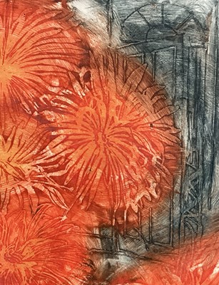 Lot 1165 - *Richard Bawden (1936-2024) signed coloured etching - Chrysanthemums, 24/40, 39cm x 34cm, in glazed frame