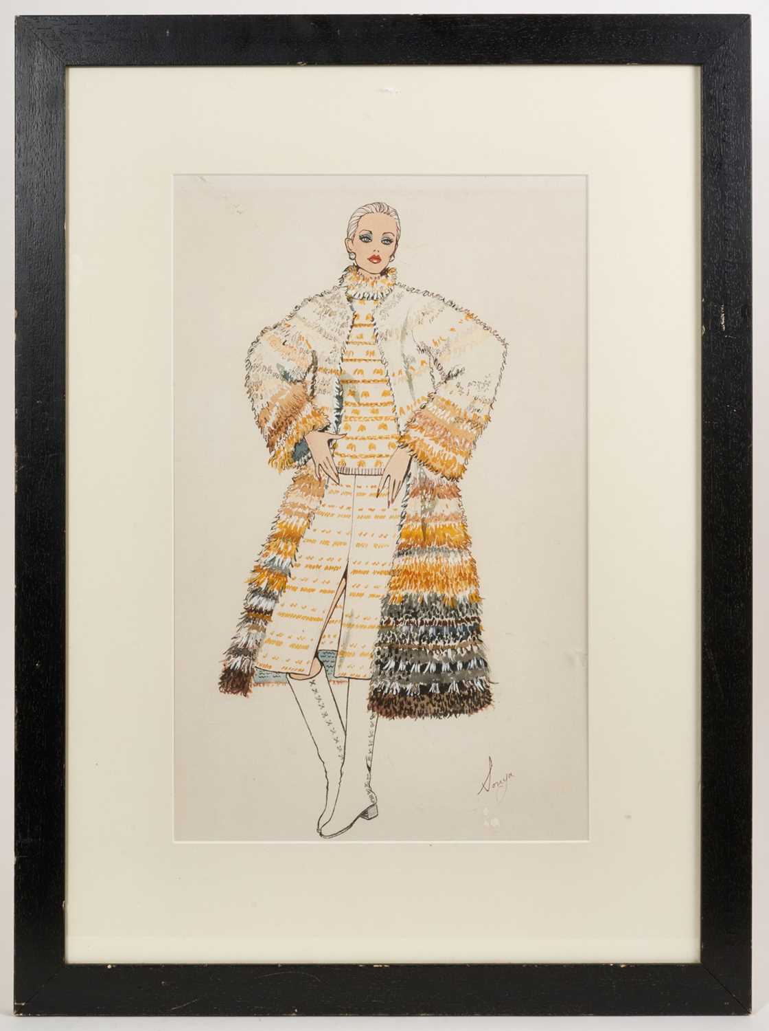 Lot 1457 - Sonya Todd (Contemporary), mixed media fashion drawing of Joanna Lumley