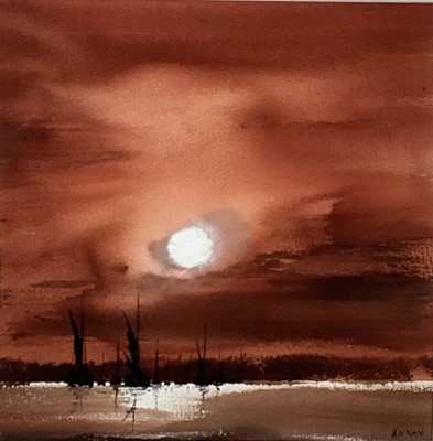 Lot 70 - Keith Nash, watercolour, Norfolk landscape entitled 'Fire Sky', signed, 25cm x 25cm, framed and glazed