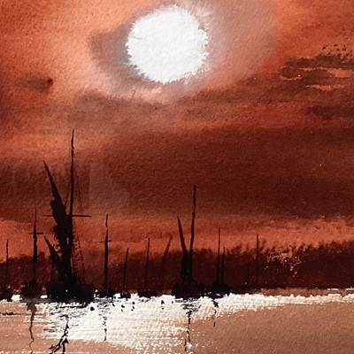 Lot 70 - Keith Nash, watercolour, Norfolk landscape entitled 'Fire Sky', signed, 25cm x 25cm, framed and glazed