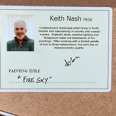 Lot 70 - Keith Nash, watercolour, Norfolk landscape entitled 'Fire Sky', signed, 25cm x 25cm, framed and glazed