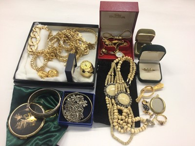 Lot 1027 - Group of cosume jewellery, 1960s silver bangle, two other silver (925) bangles, wristwatches and a compact mirror