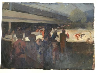 Lot 116 - Richard Drew, known as Zacron (British, 1943-2012), mixed media, skating rink, 55 x 76cm, unframed