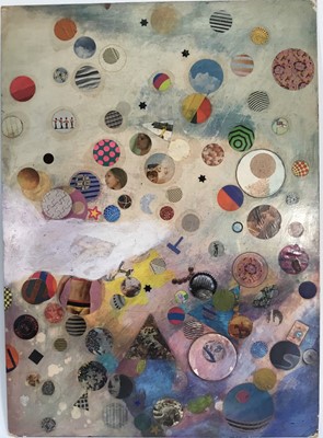 Lot 117 - Richard Drew, known as Zacron (British, 1943-2012) mixed media and collage, Roundels, 48 x 79cm, together with two further works on a kinetic theme