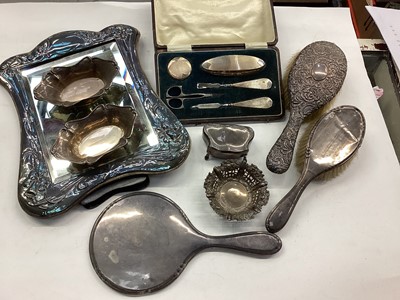 Lot 1100 - Silver dressing table mirror and various silver and plate including flatware