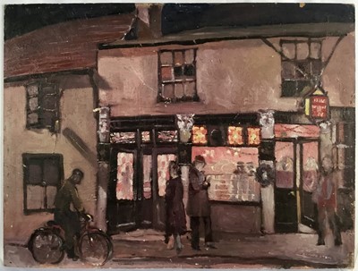 Lot 128 - Richard Drew, known as Zacron (British, 1943-2012) oil on board, street scene, 46 x 61cm, together with another oil on board, an etching and pencil sketch by the same hand. (4)