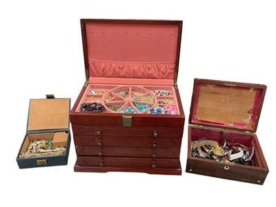 Lot 1042 - Group of costume jewellery contained in a large jewellery box and a small leather music box, together with a Victorian work box containing a group of wristwatches and an antique gold plated pock...