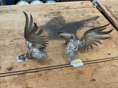 Lot 20 - Pair of white metal fighting cockerels