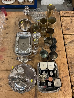 Lot 26 - Collection of silver plated items to include Garrard entre dishes, cocktail shaker, salver , tankards etc.