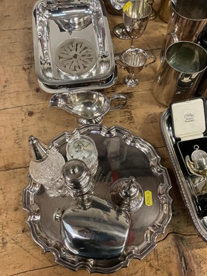 Lot 26 - Collection of silver plated items to include Garrard entre dishes, cocktail shaker, salver , tankards etc.