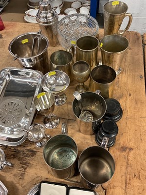 Lot 26 - Collection of silver plated items to include Garrard entre dishes, cocktail shaker, salver , tankards etc.
