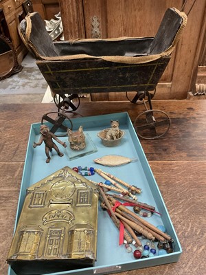 Lot 214 - Model carriage, cold painted animals, lace bobbins and sundries