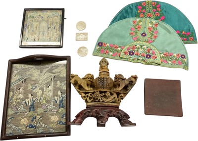 Lot 799 - Oriental works of art including textile, mother of pearl gaming counters etc