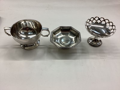 Lot 1061 - Silver two handled bowl, silver pedestal dish with pierced decoration and one other silver dish (3)