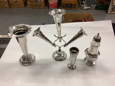 Lot 1062 - Silver three branch epergne, silver spill vase, one other silver vase and a silver sifter (4)