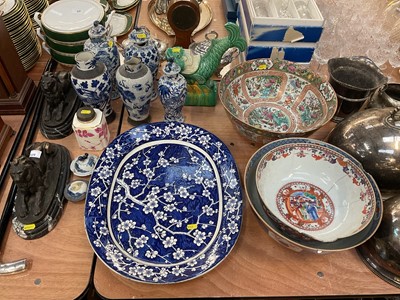 Lot 430 - Large 19th century Chinese Canton porcelain punch bowl, two 18th century Chinese export porcelain punch bowls, five 29th century Chinese porcelain vases, Chinese pottery roof tile and other cera...