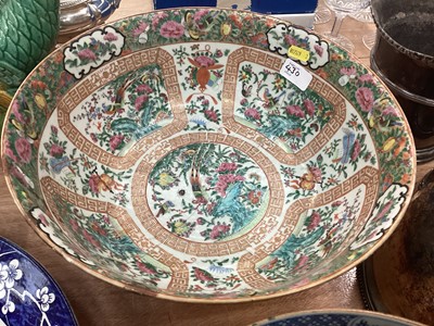 Lot 430 - Large 19th century Chinese Canton porcelain punch bowl, two 18th century Chinese export porcelain punch bowls, five 29th century Chinese porcelain vases, Chinese pottery roof tile and other cera...
