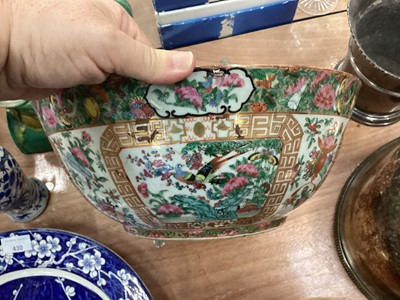 Lot 430 - Large 19th century Chinese Canton porcelain punch bowl, two 18th century Chinese export porcelain punch bowls, five 29th century Chinese porcelain vases, Chinese pottery roof tile and other cera...