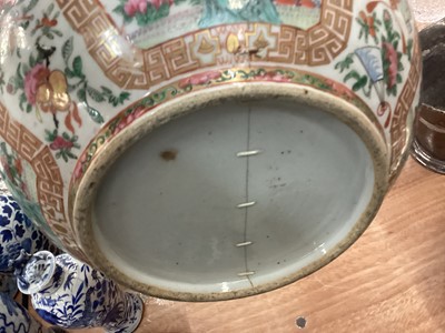 Lot 430 - Large 19th century Chinese Canton porcelain punch bowl, two 18th century Chinese export porcelain punch bowls, five 29th century Chinese porcelain vases, Chinese pottery roof tile and other cera...