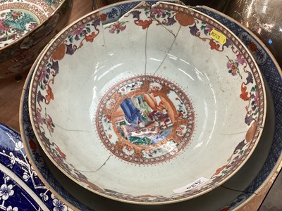 Lot 430 - Large 19th century Chinese Canton porcelain punch bowl, two 18th century Chinese export porcelain punch bowls, five 29th century Chinese porcelain vases, Chinese pottery roof tile and other cera...