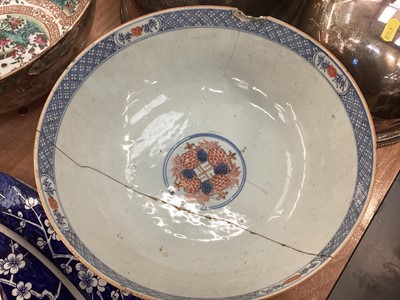 Lot 430 - Large 19th century Chinese Canton porcelain punch bowl, two 18th century Chinese export porcelain punch bowls, five 29th century Chinese porcelain vases, Chinese pottery roof tile and other cera...