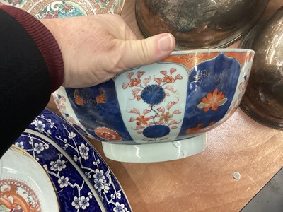 Lot 430 - Large 19th century Chinese Canton porcelain punch bowl, two 18th century Chinese export porcelain punch bowls, five 29th century Chinese porcelain vases, Chinese pottery roof tile and other cera...