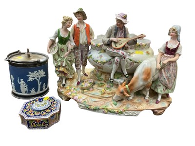 Lot 167 - Continental table centrepiece, biscuit barrel, delft lidded pot