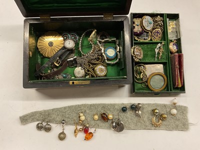 Lot 1093 - Victorian rosewood jewellery box containing a collection of antique and vintage jewellery to include Victorian mourning brooches, gold fob watch, various vintage watches and costume jewellery