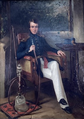 Lot 1286 - Attributed to George Duncan Beechey (1788-1852) oil on canvas - portrait of an Officer of the East India Company's Bengal Engineers, a cut glass hookah pipe at his side, in gilt frame. Pr...