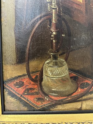 Lot 1286 - Attributed to George Duncan Beechey (1788-1852) oil on canvas - portrait of an Officer of the East India Company's Bengal Engineers, a cut glass hookah pipe at his side, in gilt frame. Pr...