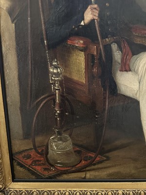 Lot 1286 - Attributed to George Duncan Beechey (1788-1852) oil on canvas - portrait of an Officer of the East India Company's Bengal Engineers, a cut glass hookah pipe at his side, in gilt frame. Pr...