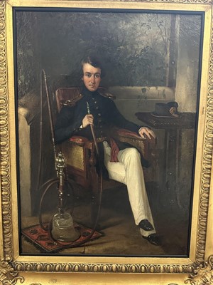 Lot 1286 - Attributed to George Duncan Beechey (1788-1852) oil on canvas - portrait of an Officer of the East India Company's Bengal Engineers, a cut glass hookah pipe at his side, in gilt frame. Pr...