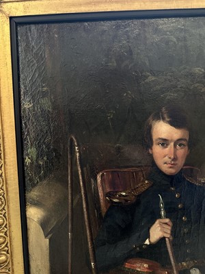 Lot 1286 - Attributed to George Duncan Beechey (1788-1852) oil on canvas - portrait of an Officer of the East India Company's Bengal Engineers, a cut glass hookah pipe at his side, in gilt frame. Pr...