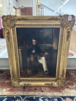 Lot 1286 - Attributed to George Duncan Beechey (1788-1852) oil on canvas - portrait of an Officer of the East India Company's Bengal Engineers, a cut glass hookah pipe at his side, in gilt frame. Pr...