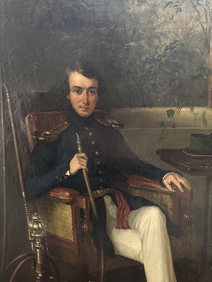 Lot 1286 - Attributed to George Duncan Beechey (1788-1852) oil on canvas - portrait of an Officer of the East India Company's Bengal Engineers, a cut glass hookah pipe at his side, in gilt frame. Pr...