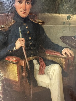 Lot 1286 - Attributed to George Duncan Beechey (1788-1852) oil on canvas - portrait of an Officer of the East India Company's Bengal Engineers, a cut glass hookah pipe at his side, in gilt frame. Pr...