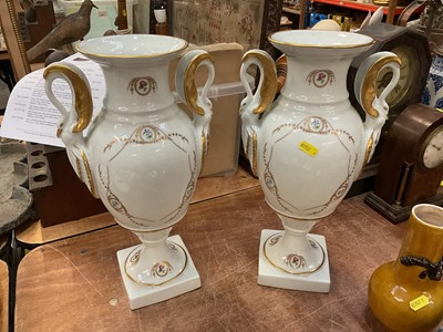 Lot 455 - Large pair of Limoges porcelain urns with swan-form handles, painted with flowers