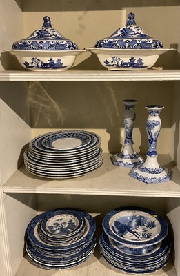 Lot 267 - Collection of Booths blue and white china, Jacobean design (13 pieces) and Old Willow pattern (24 pieces) together with candlesticks and tureen